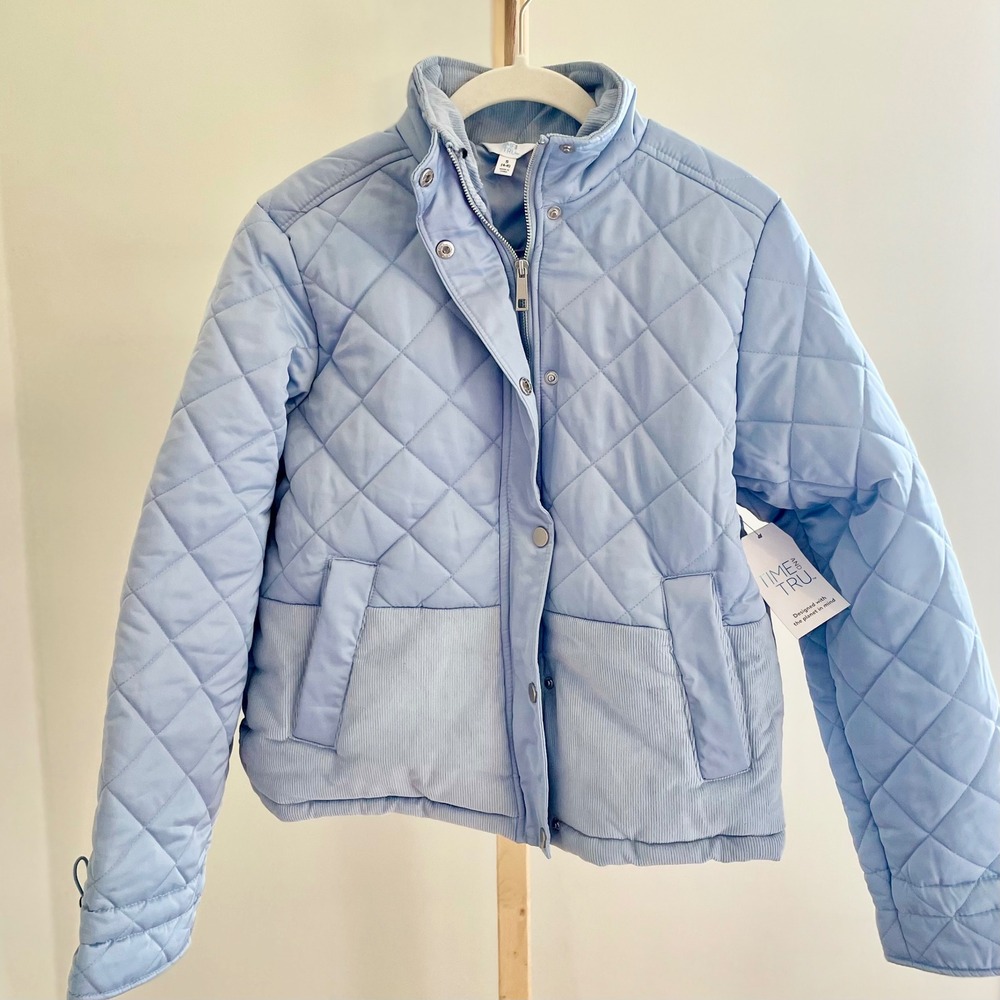 Time and Tru Womens Light Blue Quilted Puffer Jacket Corduroy Trim Small 4-6 NEW